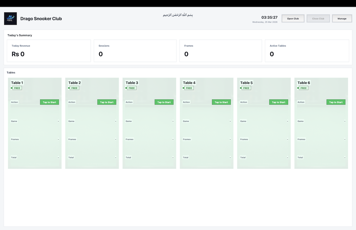 Snooker Club Pro dashboard preview