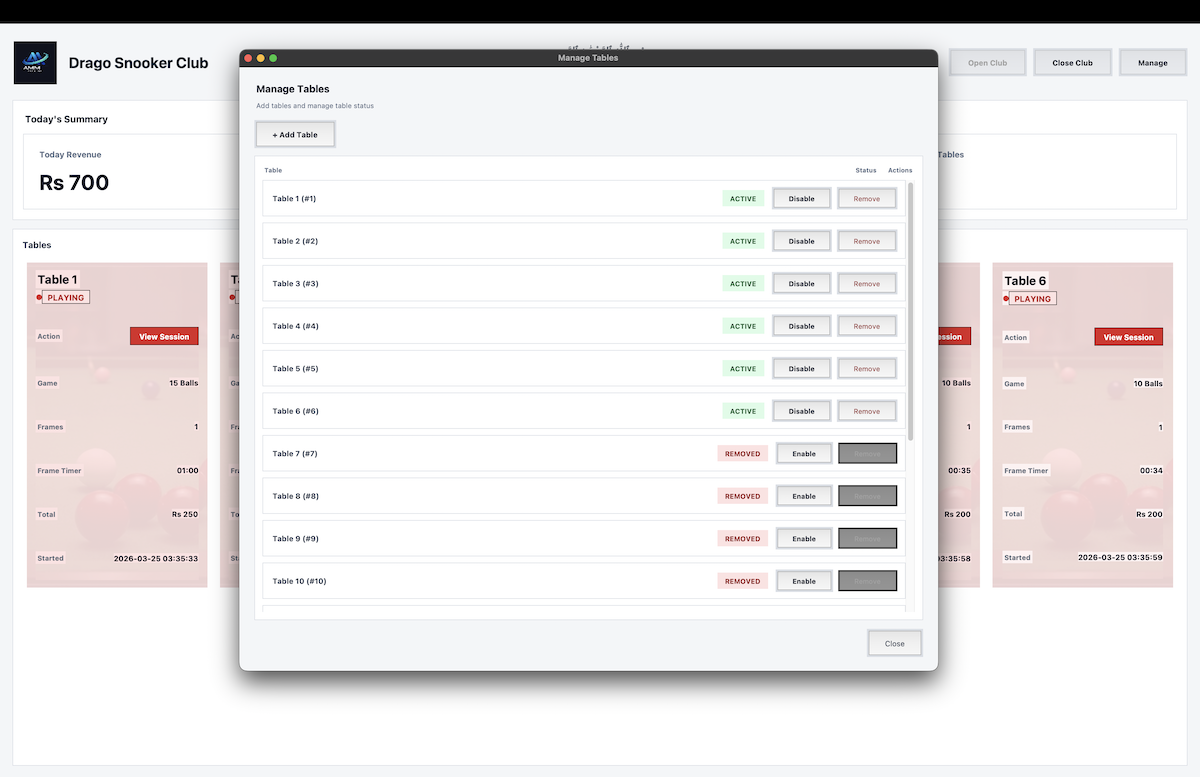 Table management screenshot